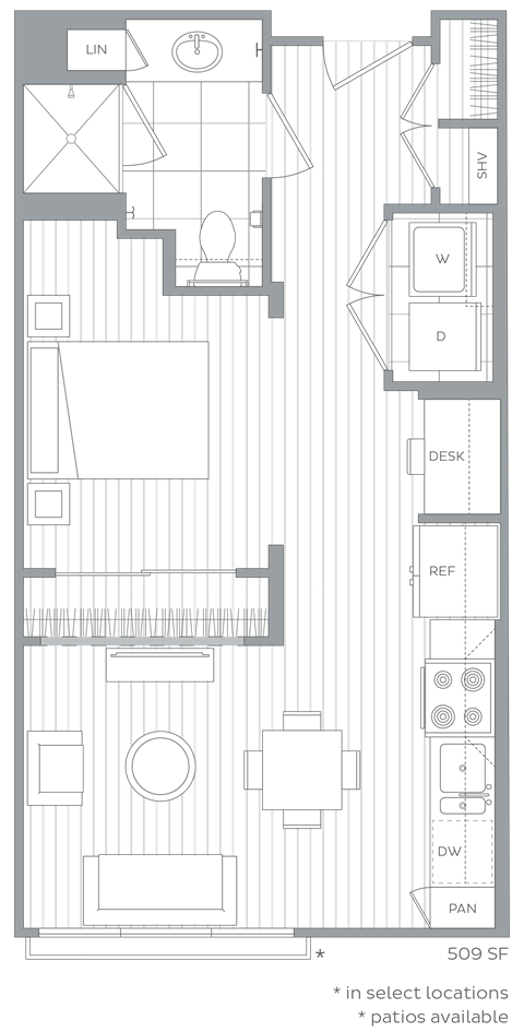 Floor plan for studio, 1 bath, 509 sqft
